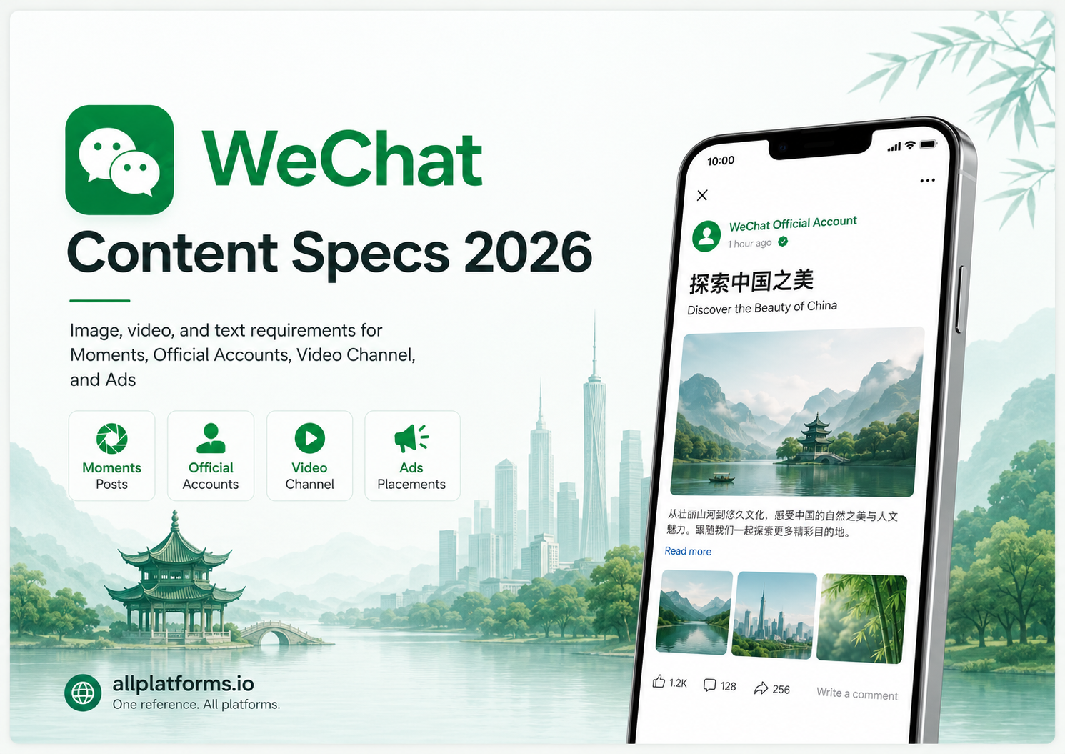 WeChat Content Specs 2026 overview showing Moments, Official Accounts, Video Channel and Moments Ads surfaces with phone mockup
